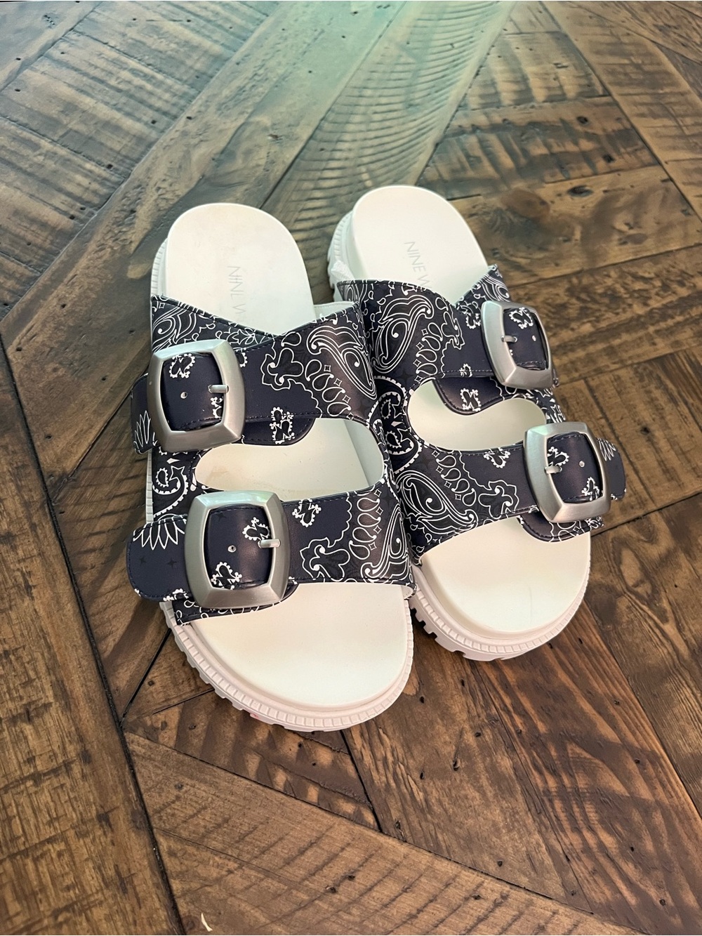 Anne Klein Black Paisley Double-Buckle Slide Sandals
